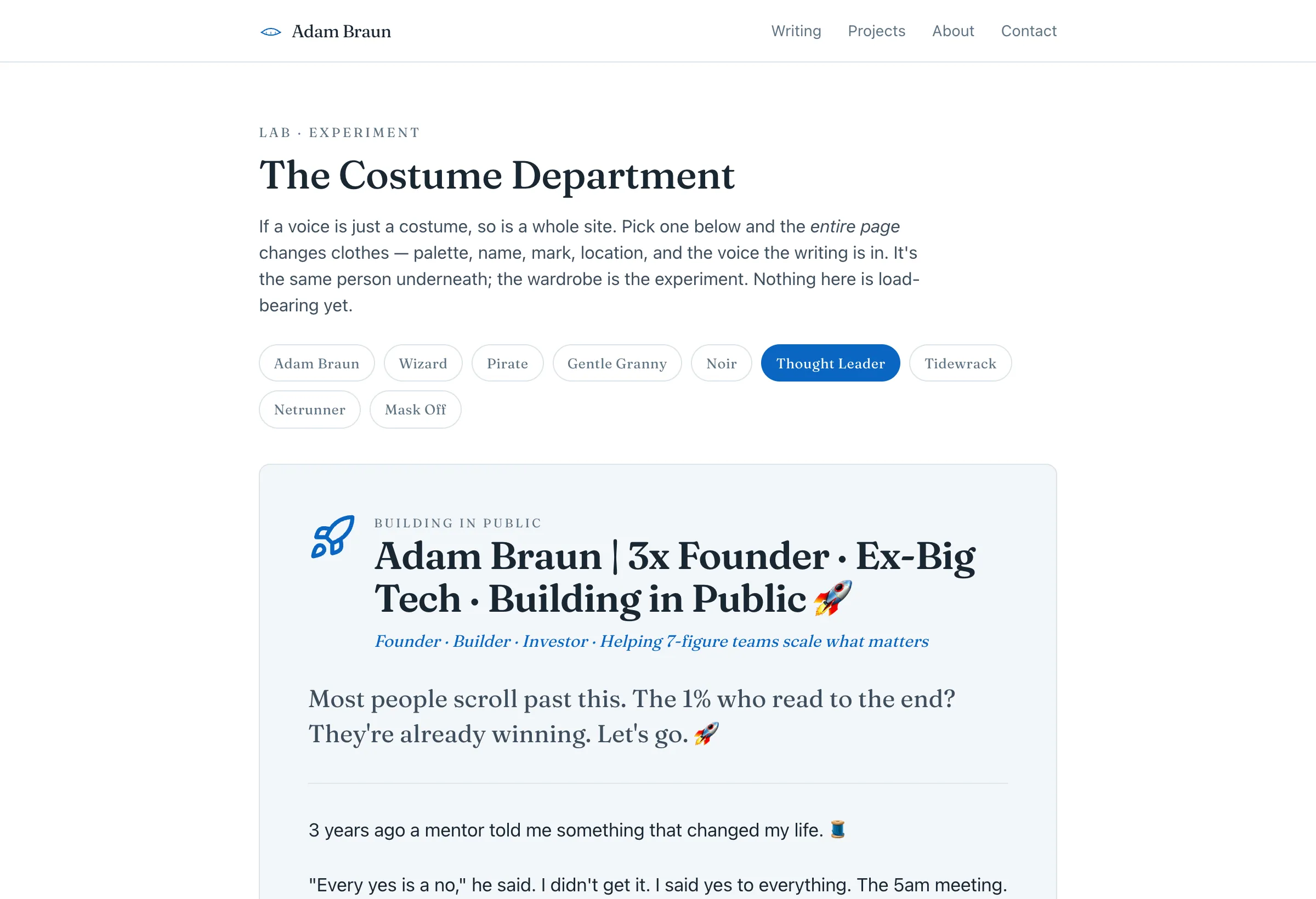 The corporate thought-leader costume: LinkedIn blue and a rocket emoji.