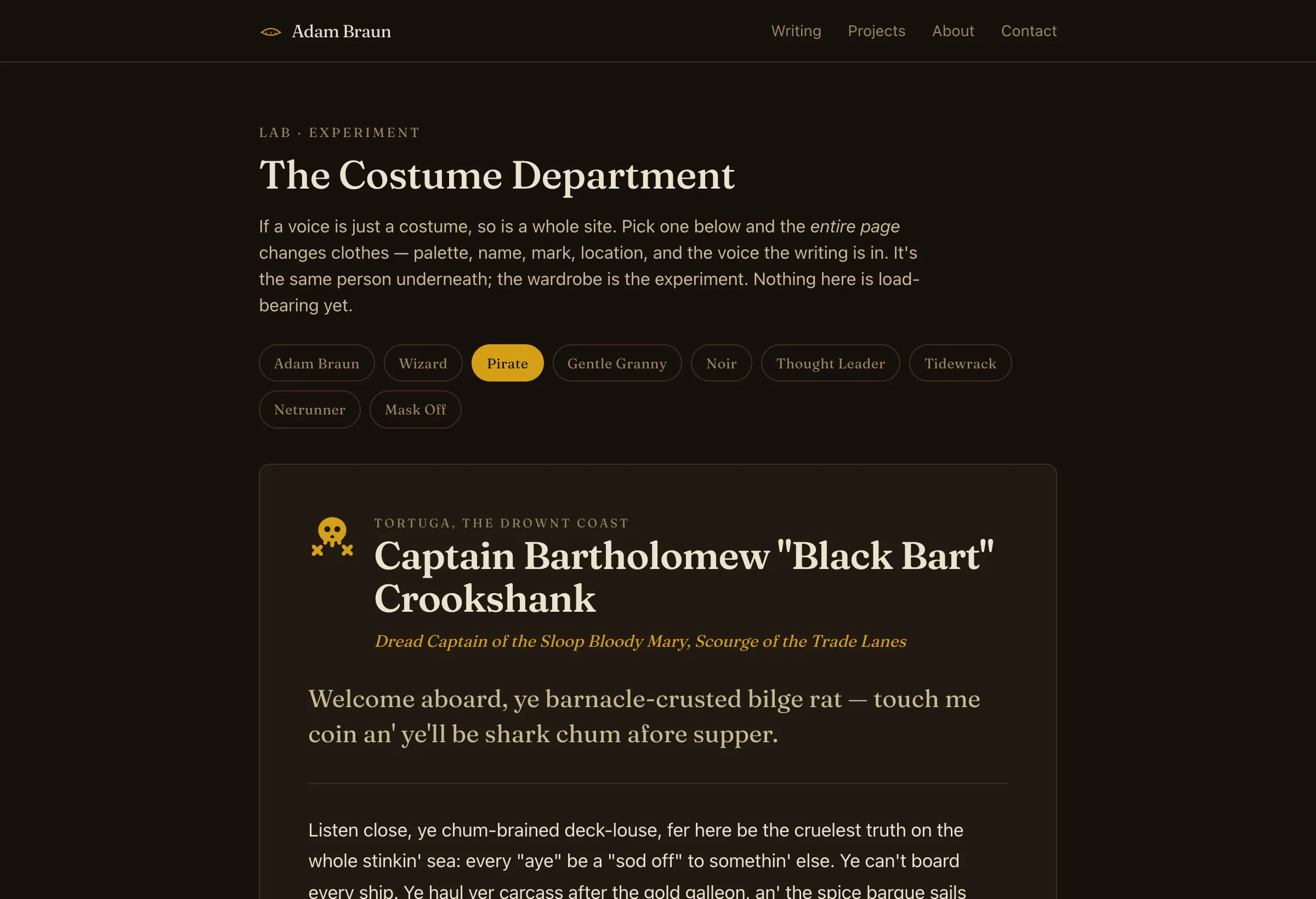 The pirate costume: blackwood and brass, captained by Black Bart Crookshank.