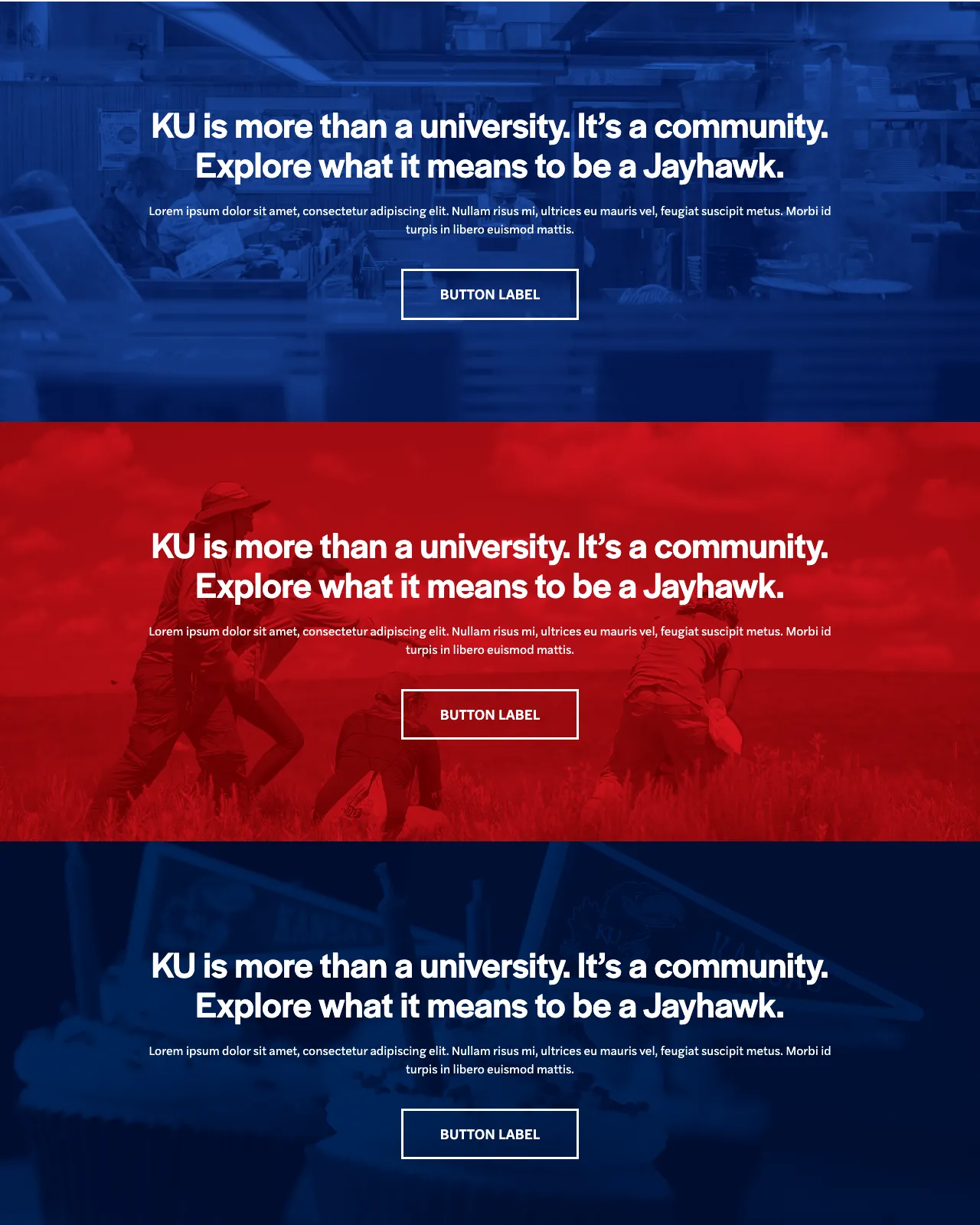 Three call-to-action bands from the old design system, each with white text over a duotone-filtered photo in a different brand color