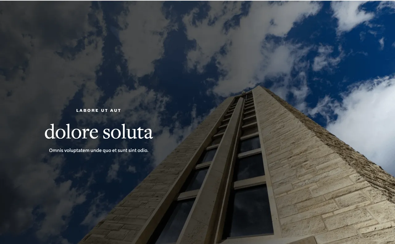 The inset pet pattern from the old design system: white serif text set over a photo of a limestone tower against a dramatic sky
