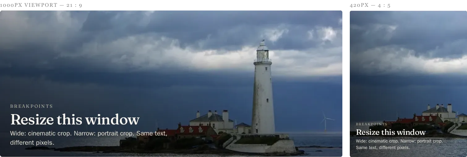 The same overlay demo at two viewports. In the wide 21:9 crop the headline sits over dark water with a lighthouse standing to the right; in the narrow 4:5 crop the lighthouse is gone and the same headline sits on brighter water.